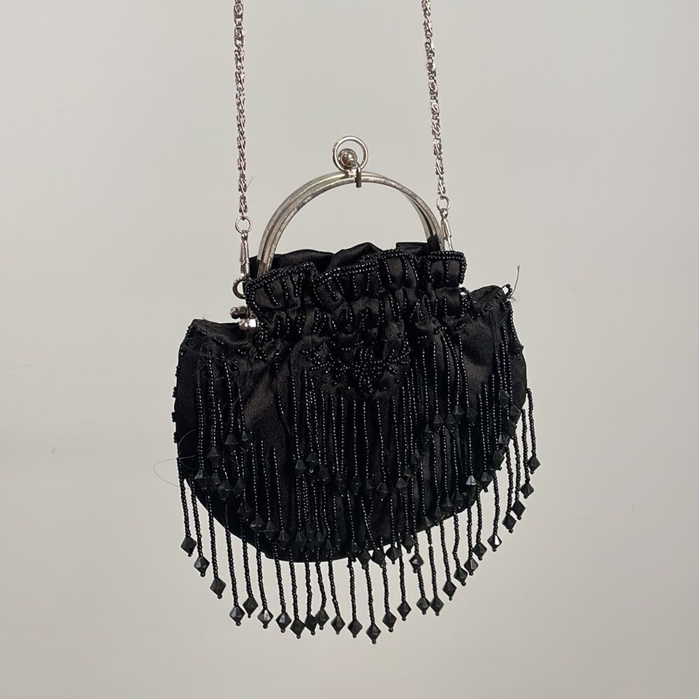 Bijoux Terner BLACK BEADed Evening BAG Silver Metal Chain Strap 20s sparkle